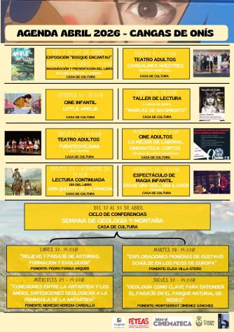 Agenda cultural de abril 2026 en Cangas de Onís: teatro, cine, lectura y conferencias en la Casa de Cultura - Concejo de Cangas de Onís