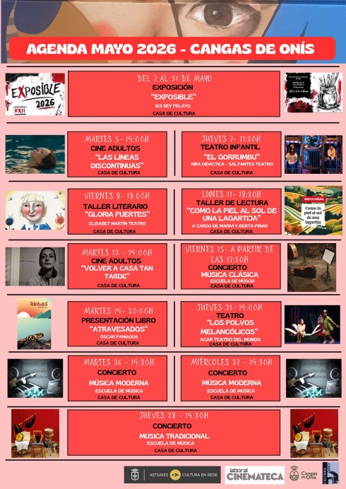 Agenda cultural de mayo 2026 en Cangas de Onís: exposiciones, cine, teatro y música en la Casa de Cultura