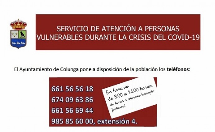 Servicio de Atención a personas vulnerables durante la crisis del COVID-19 puesto en marcha por el Ayuntamiento de Colunga. - Concejo de Colunga