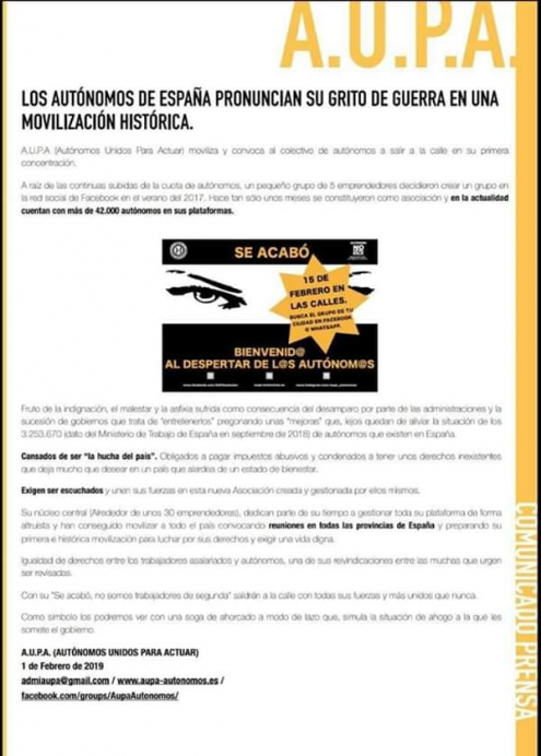 AUPA  moviliza y convoca al colectivo de autónomos de toda España a salir a la calle en su primera concentración - Economía y Empleo