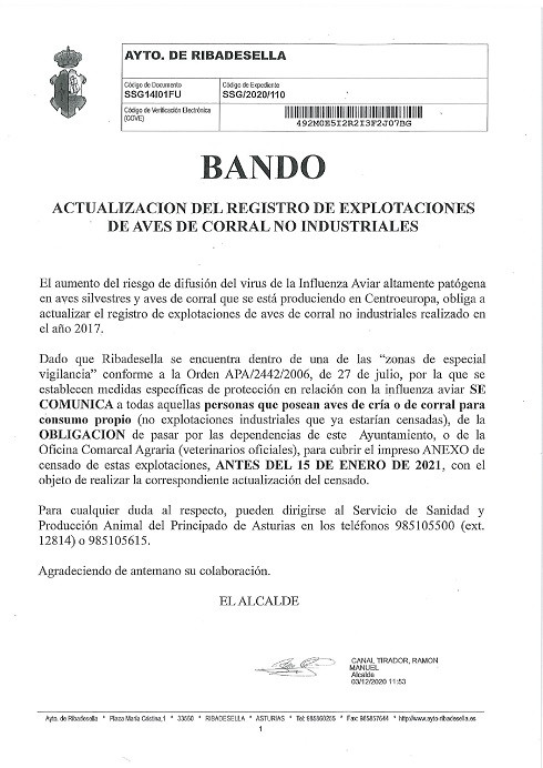 Actualización del registro de explotaciones de aves de corral no industriales - Concejo de Ribadesella
