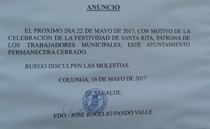 El lunes el Ayuntamiento de Colunga permanecerá cerrado - Concejo de Colunga