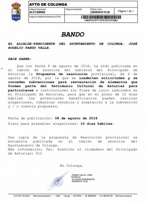 PROPUESTA PROVISIONAL SUBVENCIONES REPARACIÓN HÓRREOS Y PANERAS - Concejo de Colunga