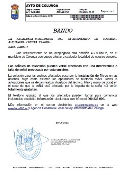BANDO Alcaldía: Interferencias en TV por el 4G - Concejo de Colunga