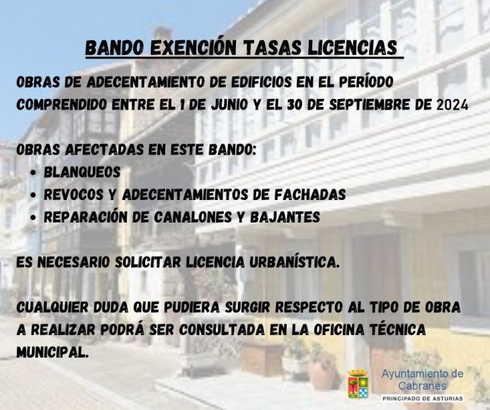 Ayuntamiento de Cabranes anuncia exención de tasas para licencias de obras de adecentamiento - Concejo de Cabranes