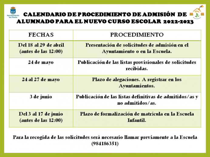 Calendario y preinscripción de la Escuela de Cero a Tres años para el curso 2022/2023 - Concejo de Piloña