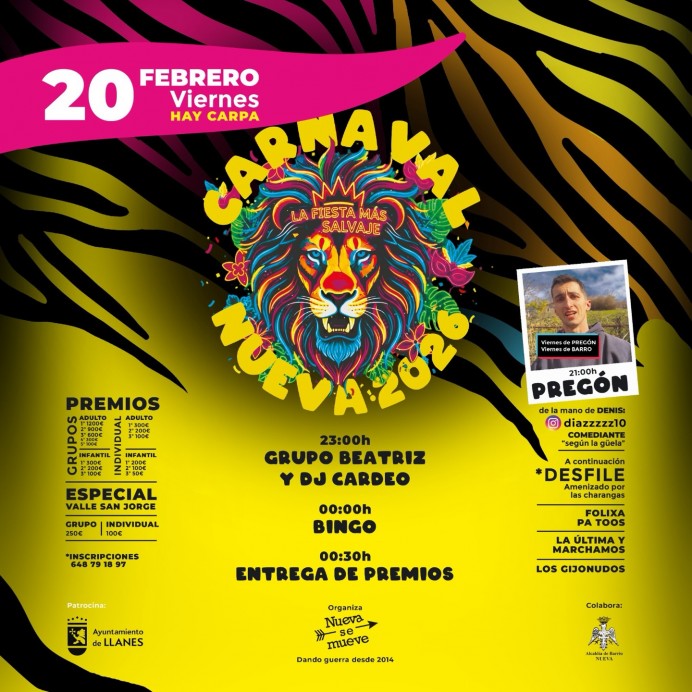 Carnaval de Nueva 2026: desfile, premios de hasta 1.200 euros y gran fiesta con carpa el 20 de febrero