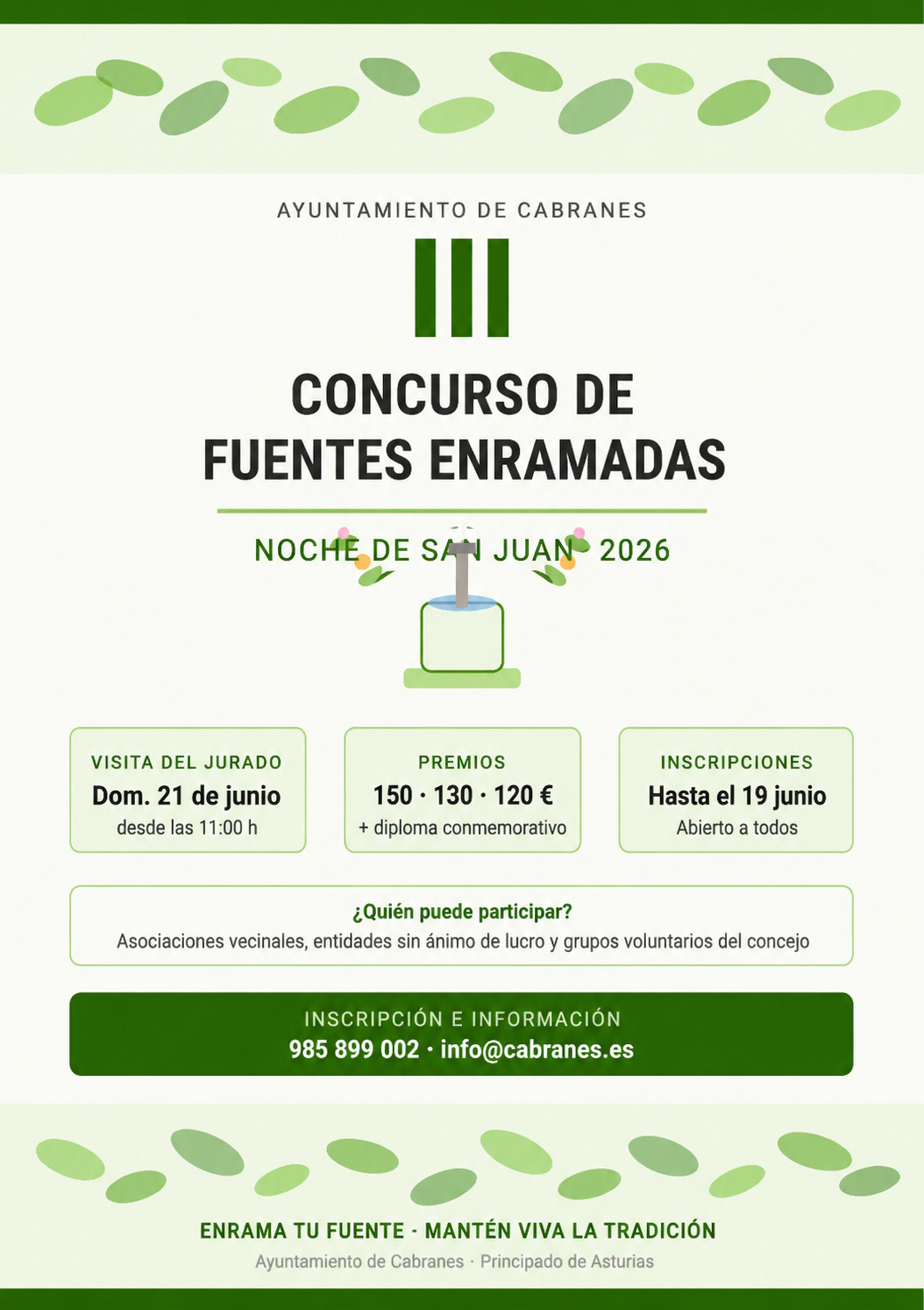 Cabranes convoca el III Concurso de Fuentes Enramadas para la Noche de San Juan - Concejo de Cabranes
