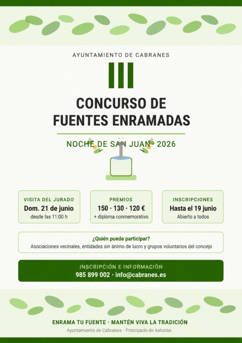 Cabranes convoca el III Concurso de Fuentes Enramadas para la Noche de San Juan