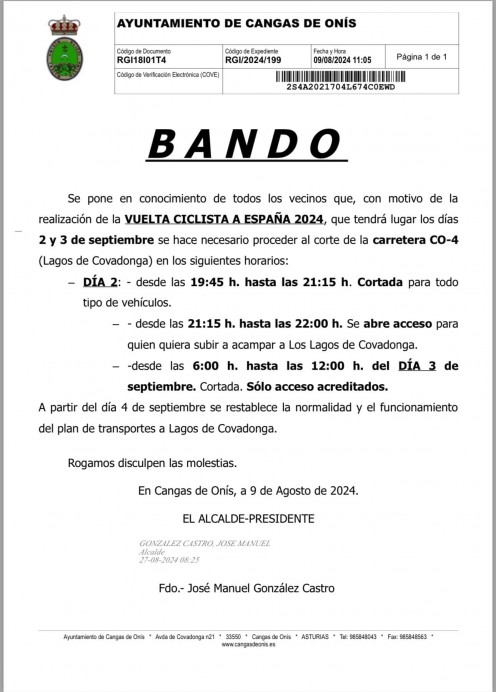 Cortes de tráfico en la carretera a los Lagos de Covadonga por la Vuelta Ciclista a España 2024 - Concejo de Cangas de Onís