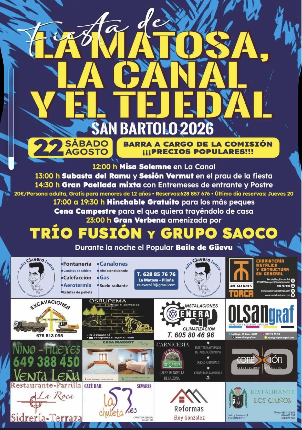 Fiestas de La Matosa, La Canal y El Tejedal: San Bartolo 2026 llega a Piloña con paellada, música y tradición - Concejo de Piloña