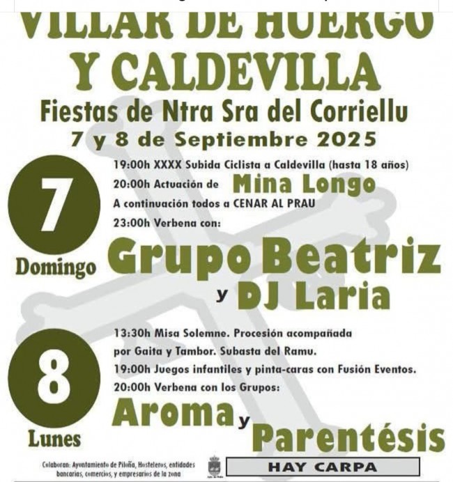 Villar de Huergo y Caldevilla celebran las Fiestas de Nuestra Señora del Corriellu 2025 con música, tradición y deporte - Concejo de Piloña
