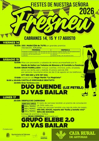 Fresnéu celebra les Fiestes de Nuestra Señora con tute, parrillada, carrozas y verbenas - Concejo de Cabranes