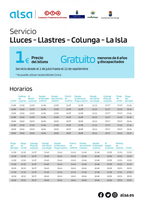 Horarios Autobús lanzadera Lluces-Llastres-Colunga-La Isla - Concejo de Colunga