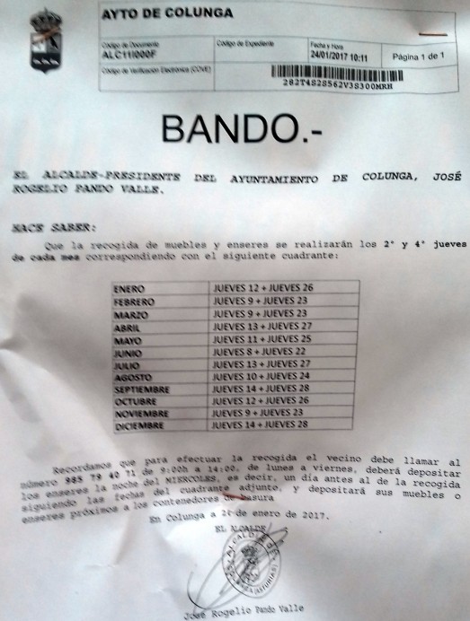 Recogida de Muebles y Enseres en el Concejo de Colunga - Concejo de Colunga