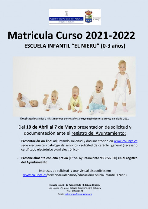 Matrícula 2021-22 Escuela de 0 a 3 El Nieru - Colunga - Concejo de Colunga