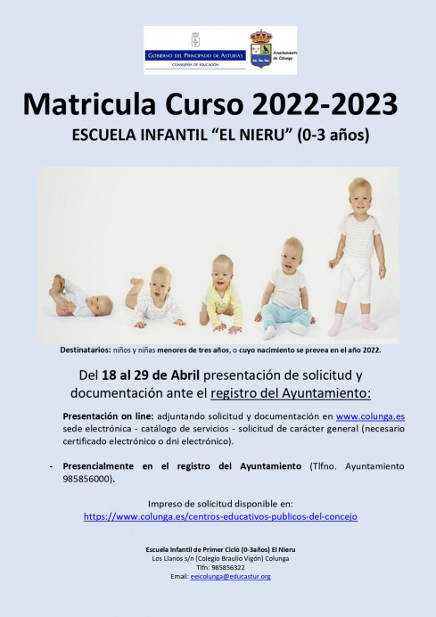 Matrícula 2022-23 Escuela de 0 a 3 El Nieru de Colunga - Concejo de Colunga