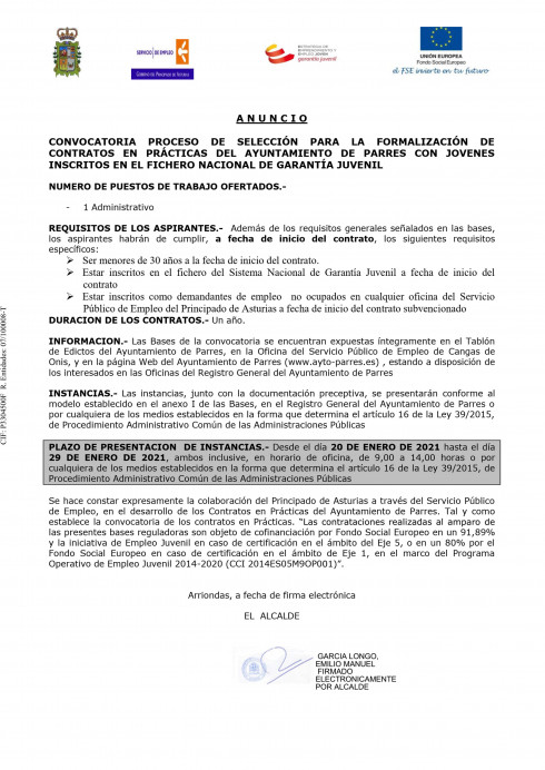 Convocatoria proceso de selección para la formalización de contratos en prácticas del ayuntamiento de Parres con jovenes inscritos en el fichero nacional de garantía juvenil - Concejo de Parres