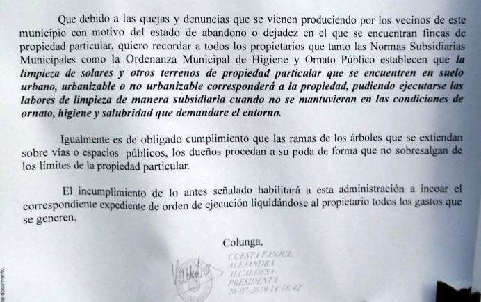 Bando sobre Ordenanza Municipal de Higiene y Ornato Público - Concejo de Colunga