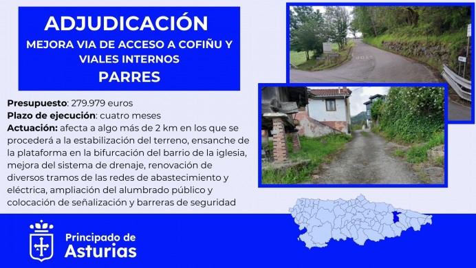 Movilidad adjudica por 280.000 euros la mejora de la vía de acceso a Cofiñu, en Parres - Concejo de Parres