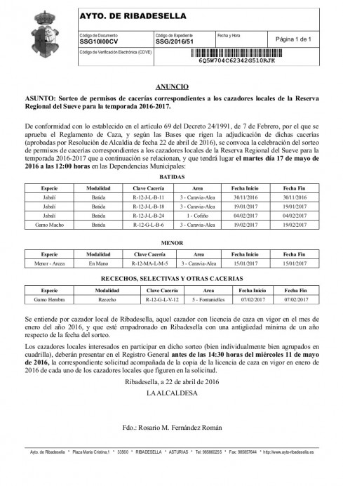 Sorteo permisos cacerias Reseva Nacional del Sueve - Concejo de Ribadesella