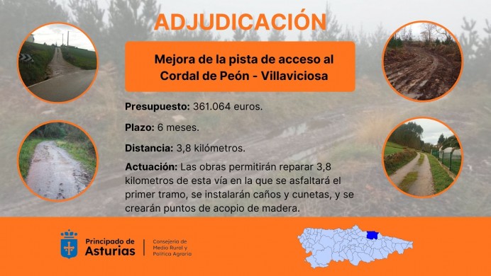 Medio Rural invierte más de 360.000 euros en mejorar 3,8 kilómetros de la pista de acceso al Cordal de Peón, en Villaviciosa - Concejo de Villaviciosa