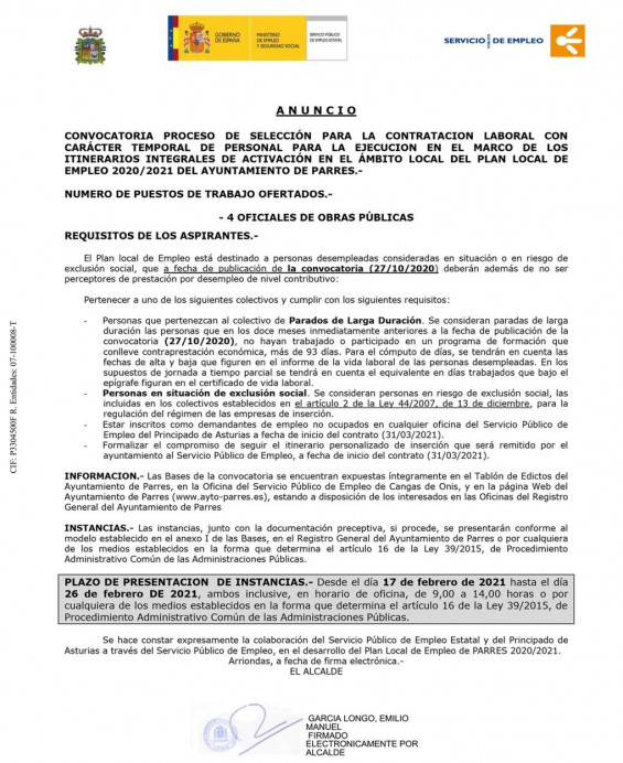 Convocatoria plan empleo - Concejo de Parres