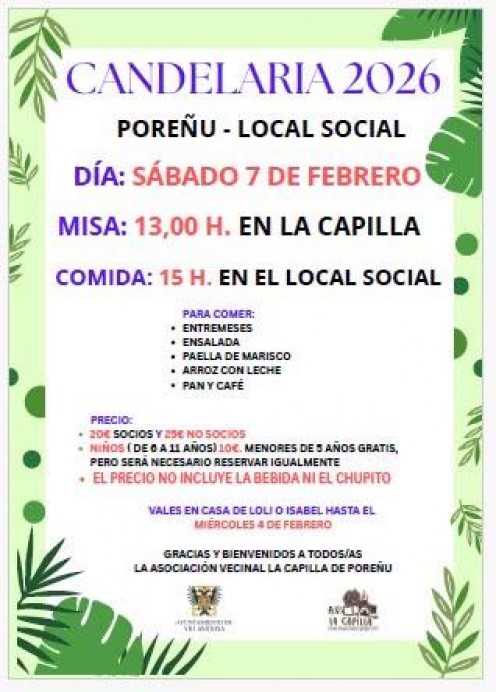 Poréñu celebra la festividad de La Candelaria 2026 con misa y comida popular en el local social