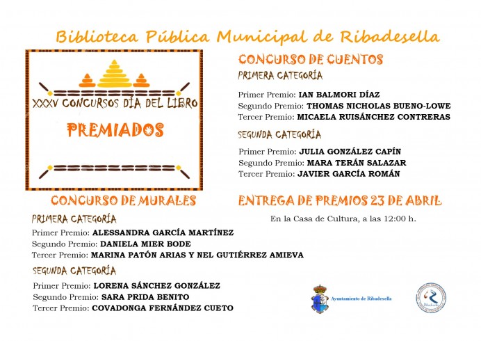 Relación de premiados en los XXXV Concursos del Día del Libro - Concejo de Cangas de Onís