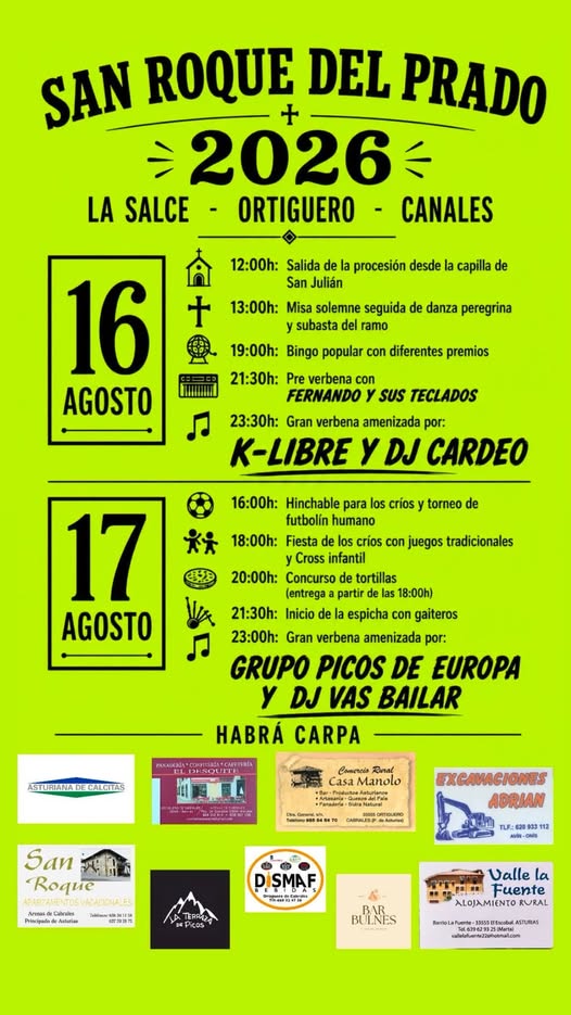 San Roque del Prado 2026 llenará de fiesta La Salce, Ortiguero y Canales - Concejo de Cabrales