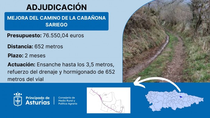 Medio Rural adjudica en 76.550 euros la mejora del camino de La Cabañona, en Sariego - Comarca de la Sidra
