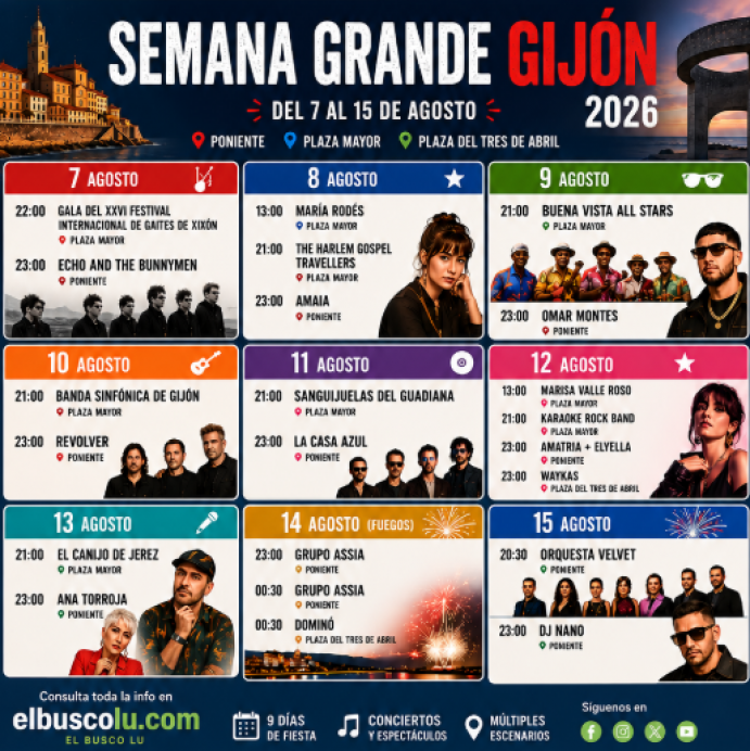 La Semana Grande de Gijón 2026 ya tiene programación: nueve días de conciertos y ambiente festivo junto al mar