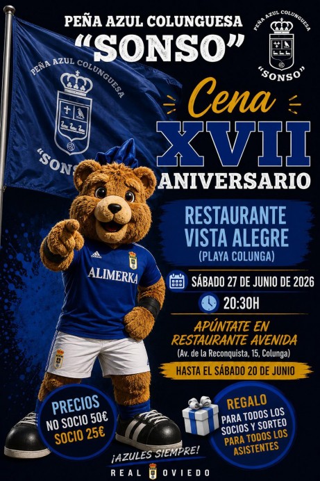 La Peña Azul Colunguesa Sonso celebrará su XVII cena aniversario el 27 de junio