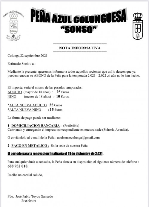 Campaña de renovación de socios de la Peña Azul Sonso - Concejo de Colunga