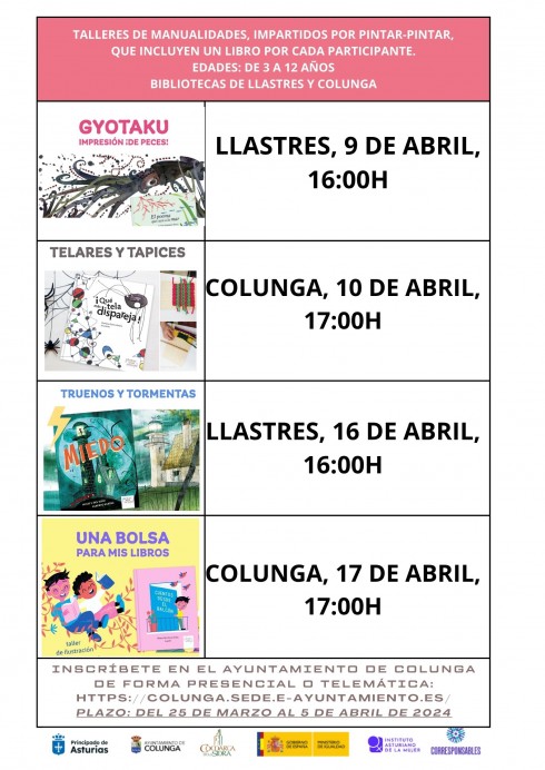 4 talleres de manualidades - lectura en las bibliotecas de Colunga y Llastres, para el mes de abril - Correponsables - Concejo de Colunga