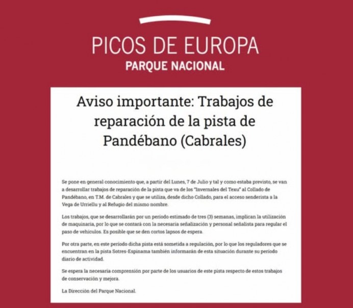 El Parque Nacional inicia obras de reparación en la pista de Pandébano desde el 7 de julio - Concejo de Cabrales